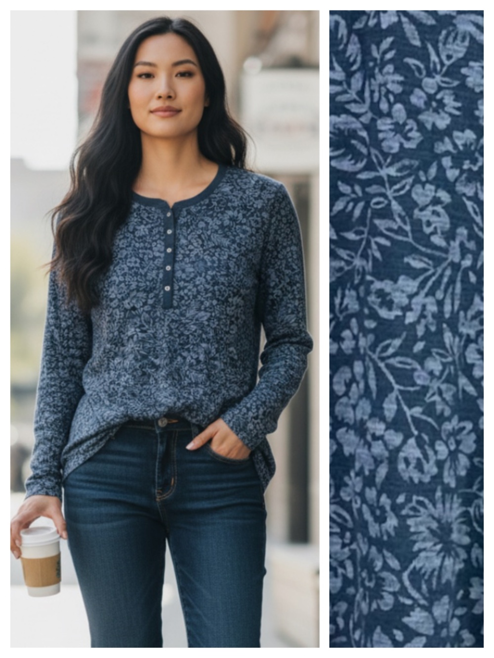 Chaps Ralph Lauren Henley Shirt Top Tunic XL 14 16 Blue Floral Classic Americana